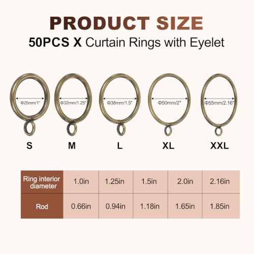Cyan Metal Curtain Rings with Eyelet - 2 Inch Interior Diameter, Pack of 50