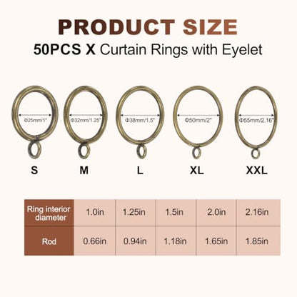 Cyan Metal Curtain Rings with Eyelet - 2 Inch Interior Diameter, Pack of 50