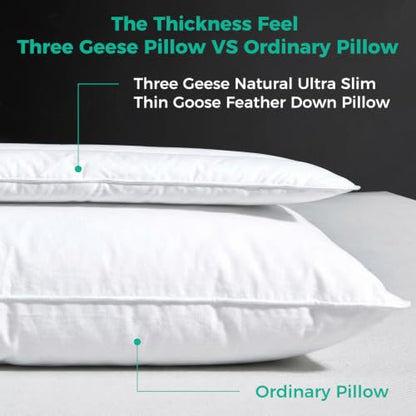 Solid White Goose Feather Pillow 2.5 Inch Thin Support Bed Pillow - 1 Pack