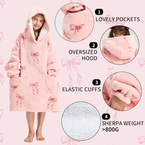 Pink Bow Wearable Blanket Hoodie for Kids 6-13 Years Oversized Christmas Gift