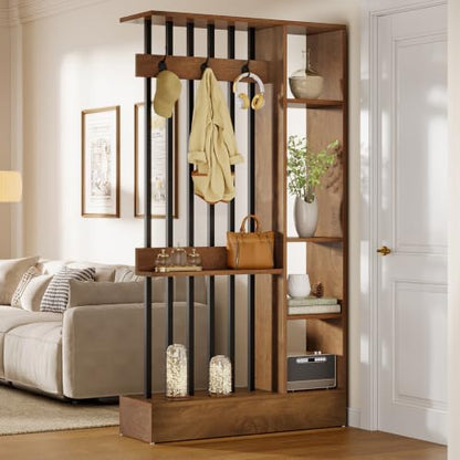 Tribesigns 71" Wall Divider with Open Shelves & Coat Hooks - Brown, 39.37" W x 11.81" D x 70.87" H