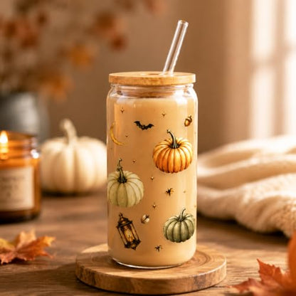 Fall Pumpkin Glass Cup with Lid & Straw - Halloween Gift for Women & Teens