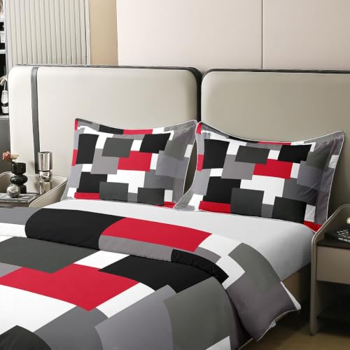 Red Geometric Duvet Cover Set - 100% Cotton Queen Size with Pillow Shams