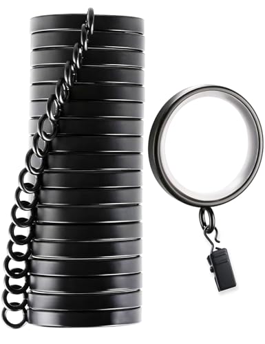 24 Pack Black Curtain Rings with Clips - 1-5/8 Inch Slim Fit, Noiseless Glide