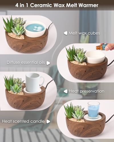 LUXARAPY Ceramic Wax Melt Warmer with Japanese Design, 4-in-1 Electric Oil Diffuser, Succulent Bowl, Brown Wood Grain