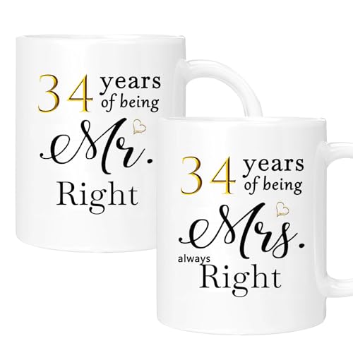 34th Anniversary Coffee Mug Gift Set of 2 with Gift Box - Always Right Couple Celebration