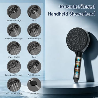 Square 10-Inch All-Metal Rainfall Shower Head & 10 Mode Filtered Handheld - Matte Black