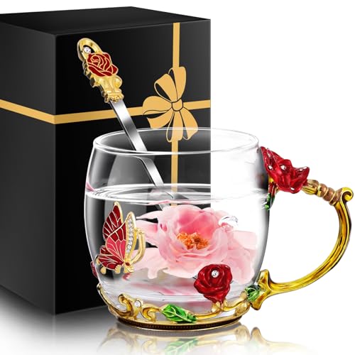 Women Glass Tea Coffee Mug Gift Set - Short Red Butterfly & Flower Design
