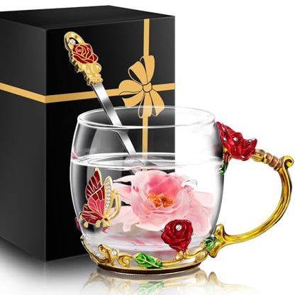 Women Glass Tea Coffee Mug Gift Set - Short Red Butterfly & Flower Design