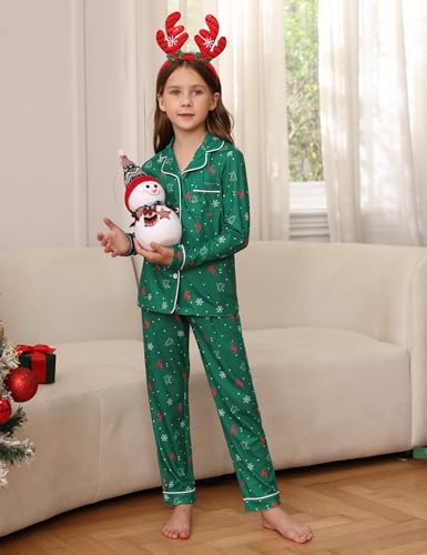 Kids Christmas Pajama Set - Snowflakes Green, Family Matching Sleepwear