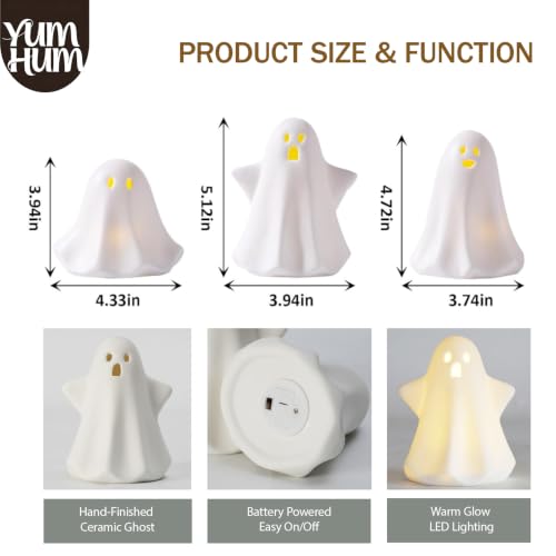 3PCS Ceramic Ghost Halloween Decorations with Amber LED Glow - Indoor Display