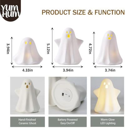 3PCS Ceramic Ghost Halloween Decorations with Amber LED Glow - Indoor Display