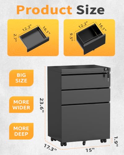 Omelaza Fully Assembled 3-Drawer Mobile File Cabinet Lockable Black