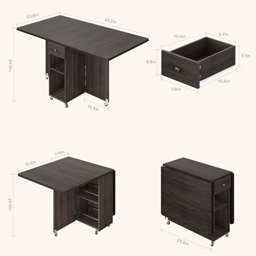 Jocoevol Space Saving Folding Dining Table for 4 - Walnut, Drop Leaf Kitchen Table with Drawer & Storage Shelf, 47.2 x 23.6 inches