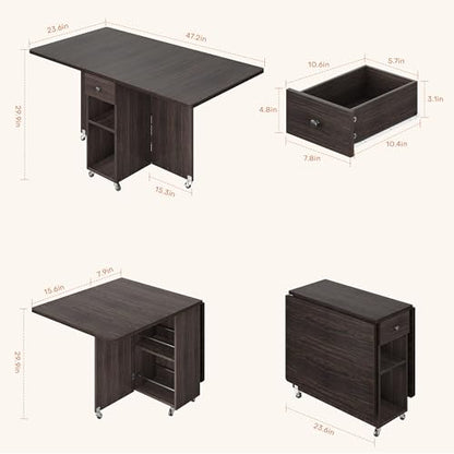Jocoevol Space Saving Folding Dining Table for 4 - Walnut, Drop Leaf Kitchen Table with Drawer & Storage Shelf, 47.2 x 23.6 inches
