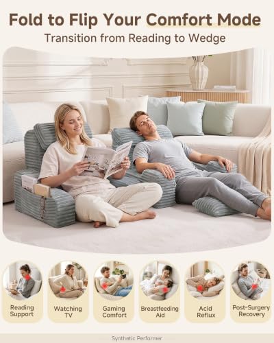 Foldable Reading Pillow for Bed 19" Grey 5-Piece Support System