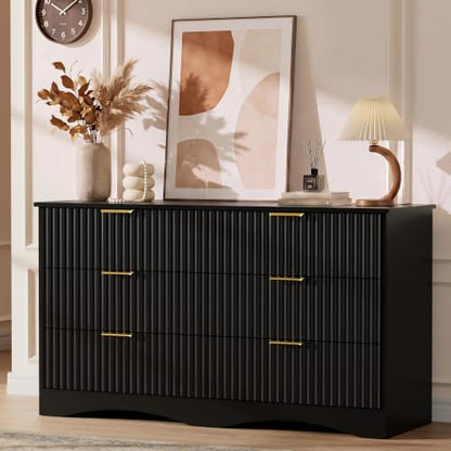 Black Bedroom Dresser with 6 Drawers and Fluted Front - 47.2 Inch