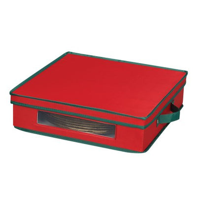 Holiday Charger Plate Storage Box - Red & Green Trim, Holds 12 Plates