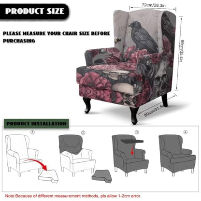 Gothic Raven Rose Wingback Armchair Cover - Stretch Slipcover for Dining Room