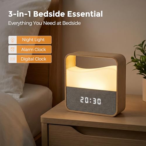 Wood Grain Digital Alarm Clock with Dimmable Night Light for Bedroom