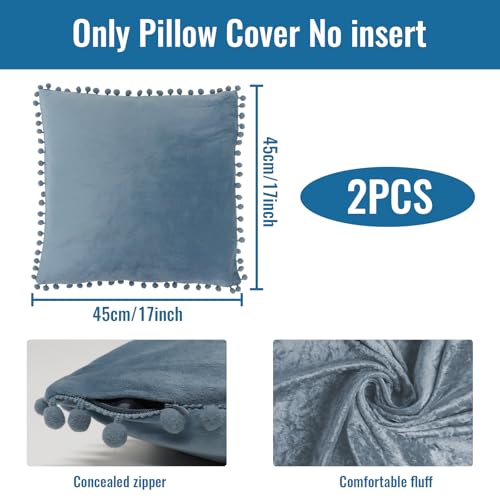 Blue Velvet Pillow Covers 17x17 Inches - 2 Pack Decorative Throw Pillow Cases