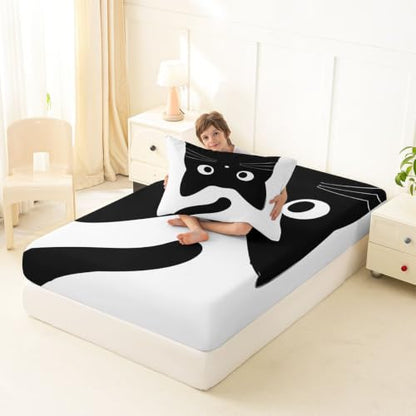 Black Cat Bed Sheets Twin Size with Deep Pockets and Vibrant Prints - Kids Bedding Set