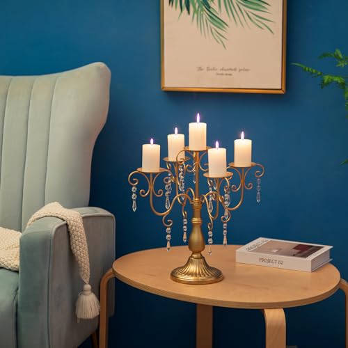 2 Pcs Gold Candelabra Candle Holders with Crystal Beads - 5 Arm Pillar Centerpiece