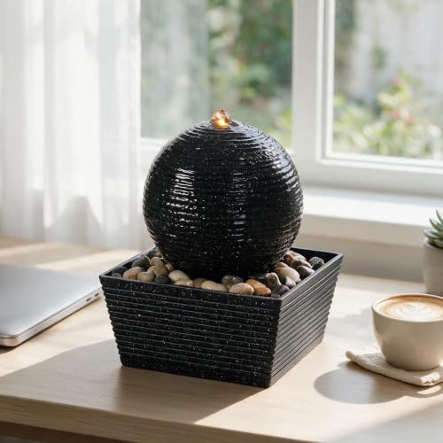 Indoor Water Fountain with Zen Sphere Design and LED Light - Tabletop Relaxation Decor