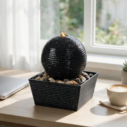 Indoor Water Fountain with Zen Sphere Design and LED Light - Tabletop Relaxation Decor