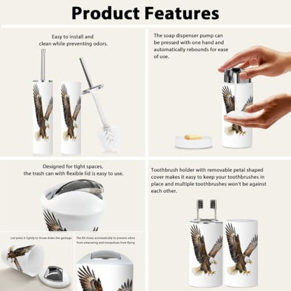 Bathroom Accessory Set 6PCS Bald Eagle Watercolor Bird White Head & Tailed - Multi4