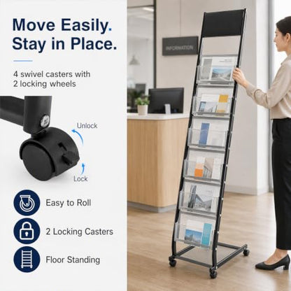 6-Tier Metal Magazine Rack with Lockable Wheels - Heavy Duty Floor Book Organizer