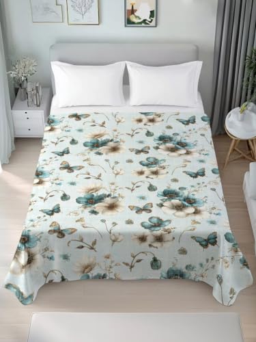 Twin Flat Sheet - Pale Blue-Green Floral Microfiber Bed Sheet for Twin Bed