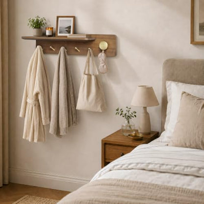 Wall Mount Coat Rack with Shelf and Brass Hooks - Solid Wood Entryway Organizer