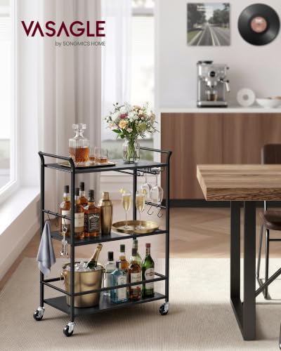 VASAGLE Black Matte Bar Cart with Wheels, Wine Rack & Glass Holder - 12.6"W