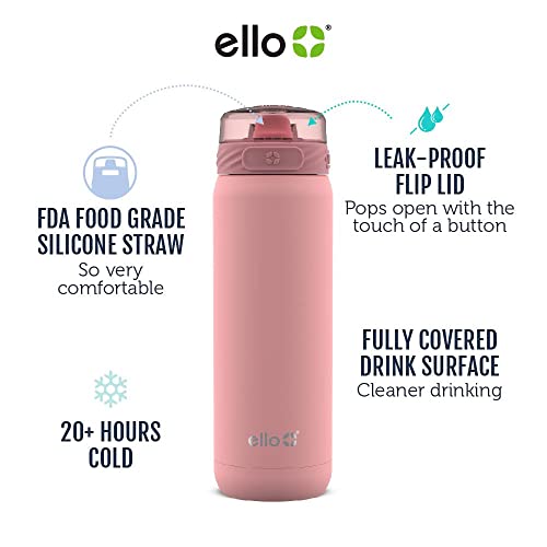 Ello Cooper 22oz Stainless Steel Water Bottle with Straw and Carry Handle, Double Walled and Vacuum Insulated Metal, Leak Proof Locking Lid with Soft Silicone Spout, Reusable, BPA Free, Coral