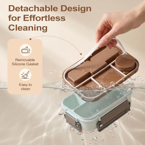 Adult Bento Box Lunch Container with 4 Compartments & Sauce Tray - Khaki