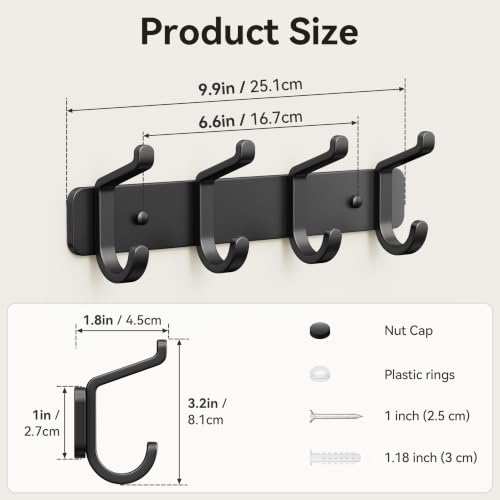 Heavy Duty Wall Mounted Coat Rack with 4 Double Hooks - Black, 1 Pack