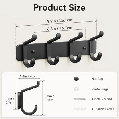 Heavy Duty Wall Mounted Coat Rack with 4 Double Hooks - Black, 1 Pack