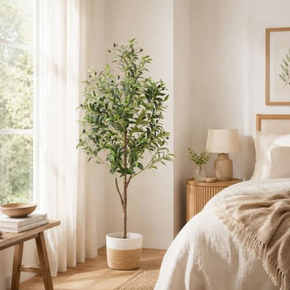 5Ft Artificial Olive Tree Indoor with Woven Basket - Faux Tree for Home Decor