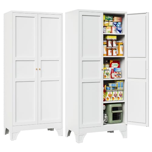 White Metal Pantry Kitchen Storage Cabinets with Doors and Shelves - 18 x 36 x 76 Inches