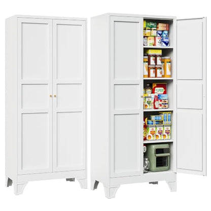 White Metal Pantry Kitchen Storage Cabinets with Doors and Shelves - 18 x 36 x 76 Inches