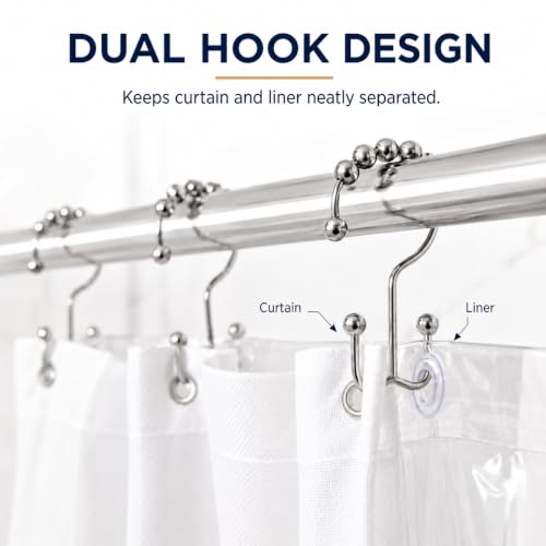 Double Shower Curtain Hooks Set of 12, Rust Proof Metal Roller Ball Rings, Nickel Finish