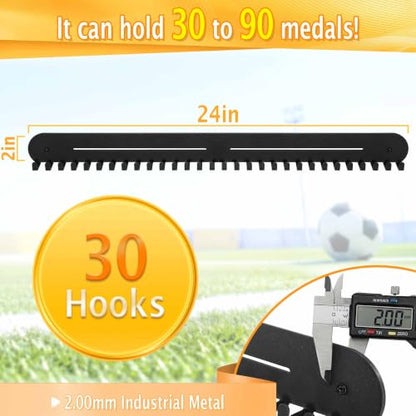 Heavy Duty Medal Hanger Display Rack Wall Mount - 24 Inch, 30 Hooks, Black