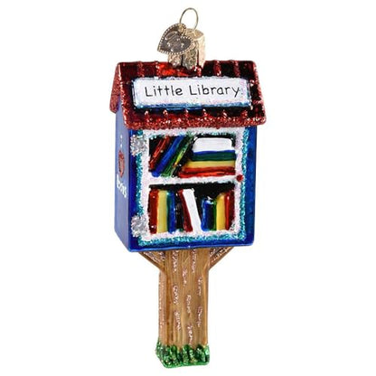 Christmas Glass Blown Ornament Little Library Handcrafted Holiday Decoration