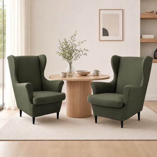 Mustard Green Stretch Wingback Chair Cover with Arms 2-Piece Slipcover Washable