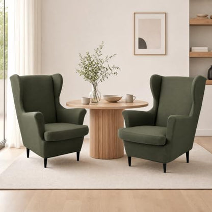 Mustard Green Stretch Wingback Chair Cover with Arms 2-Piece Slipcover Washable