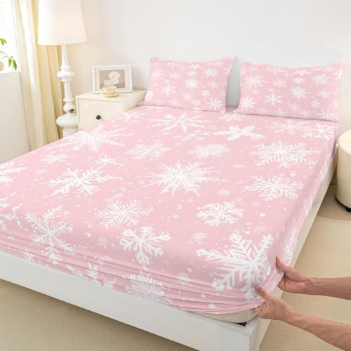 Pink Snowflake Bed Sheets Set for Kids & Adults King Size 4Pcs - White Pink Variation