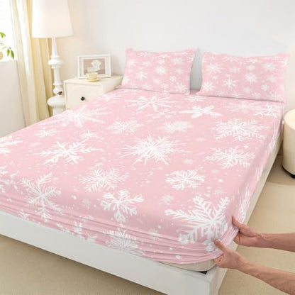 Pink Snowflake Bed Sheets Set for Kids & Adults King Size 4Pcs - White Pink Variation