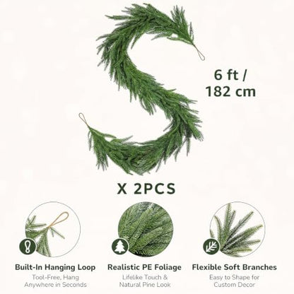 Real Touch 6ft Christmas Cedar Garland with Pinecones - Indoor Outdoor Decor