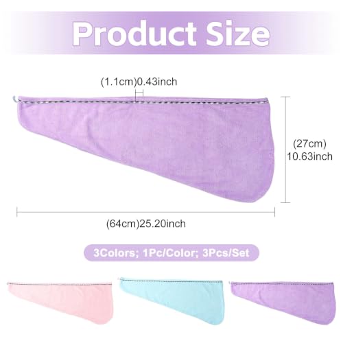 3-Pack Microfiber Hair Towel Wrap Set - Quick Dry, Soft Turbans with Button & Loop - Mix Colors